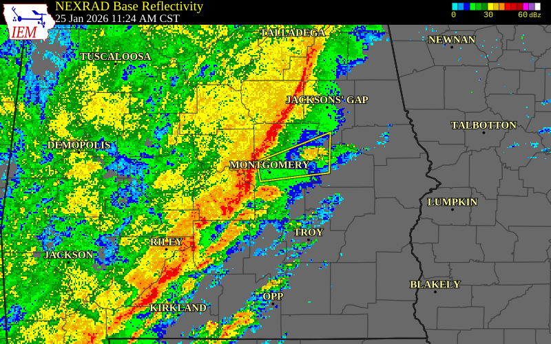 NEXRAD radar during the Sunday, January 25, 2026 storm activity in Montgomery County, Alabama