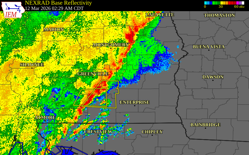 NEXRAD radar during the Thursday, March 12, 2026 storm activity in Montgomery County, Alabama
