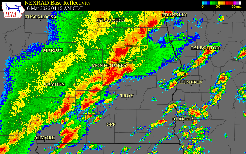 NEXRAD radar during the Monday, March 16, 2026 storm activity in Montgomery County, Alabama