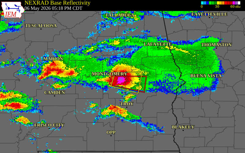 NEXRAD radar during the Wednesday, May 6, 2026 storm activity in Montgomery County, Alabama