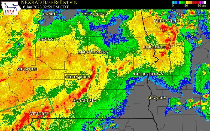 NEXRAD radar during the Thursday, June 18, 2026 storm activity in Montgomery County, Alabama