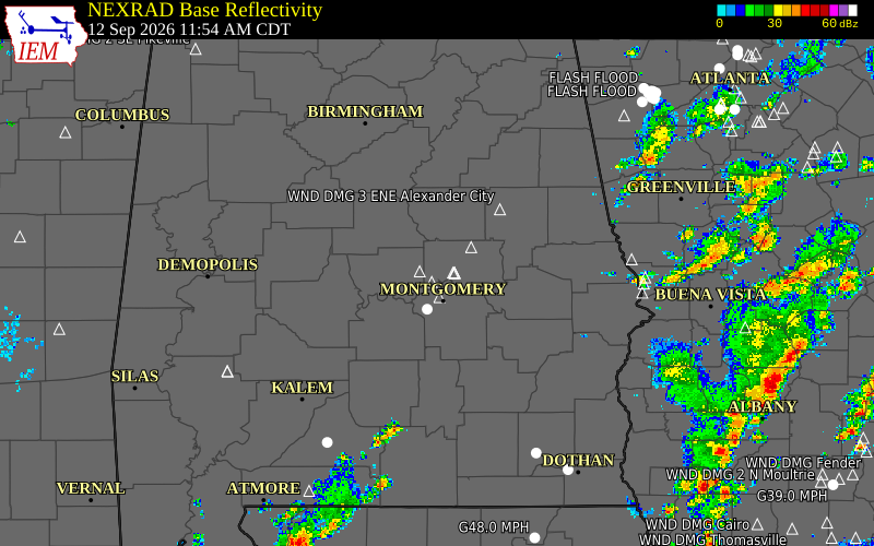 Current NEXRAD radar over Montgomery County, Alabama with recent storm report locations