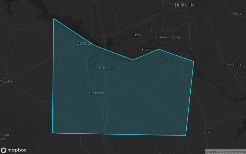 Map of Morgan County, Alabama showing the county boundary and surrounding cities
