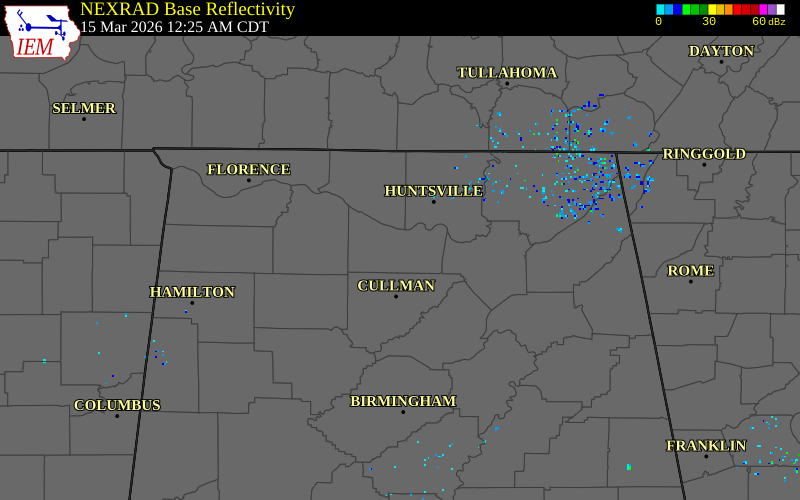 NEXRAD radar during the Sunday, March 15, 2026 storm activity in Morgan County, Alabama