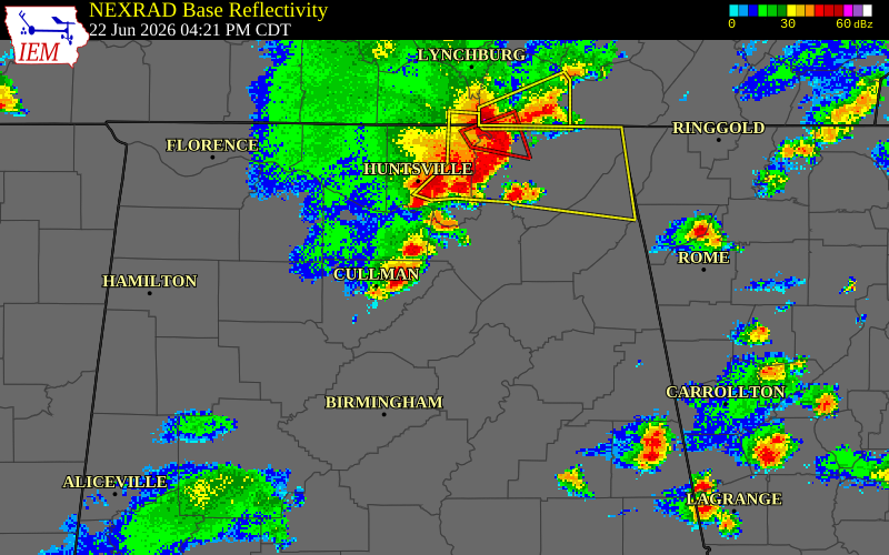 NEXRAD radar during the Monday, June 22, 2026 storm activity in Morgan County, Alabama
