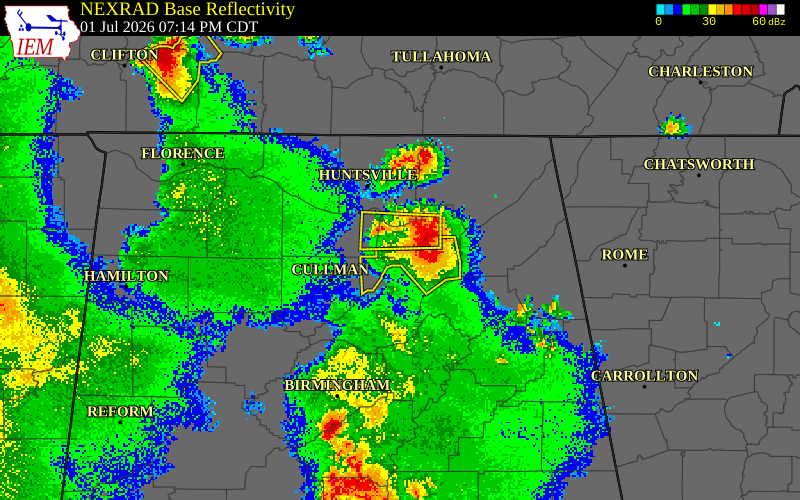 NEXRAD radar during the Wednesday, July 1, 2026 storm activity in Morgan County, Alabama