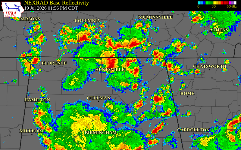 NEXRAD radar during the Sunday, July 19, 2026 storm activity in Morgan County, Alabama