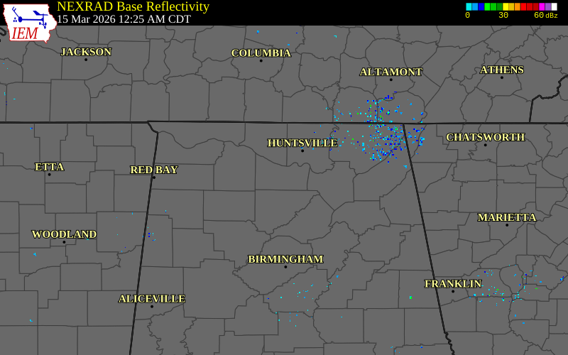 Radar snapshot during the Mar 15, 2026 tornado event near 3 SSW Somerville, Morgan County, Alabama, with NWS warning polygons
