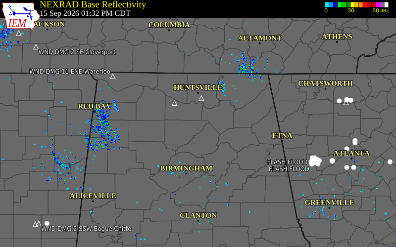 Current NEXRAD radar over Morgan County, Alabama with recent storm report locations