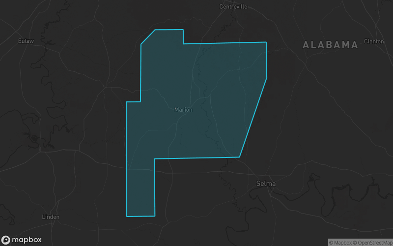 Map of Perry County, Alabama showing the county boundary and surrounding cities