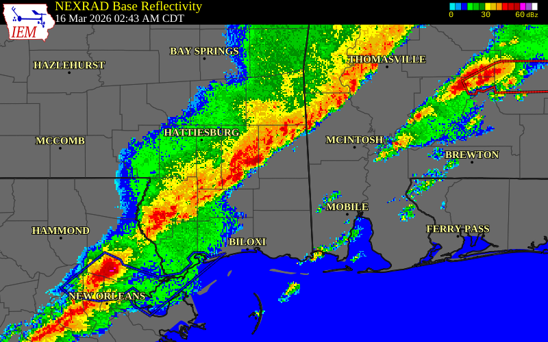 NEXRAD radar during the Monday, March 16, 2026 storm activity in Perry County, Alabama
