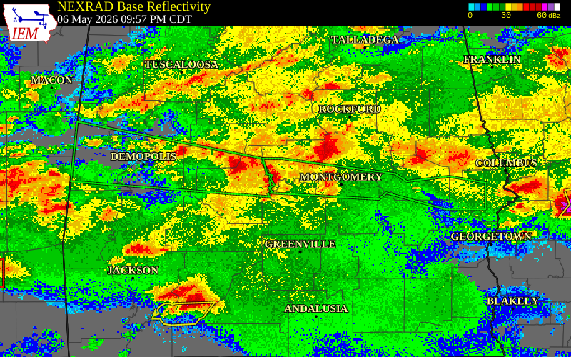 NEXRAD radar during the Wednesday, May 6, 2026 storm activity in Perry County, Alabama