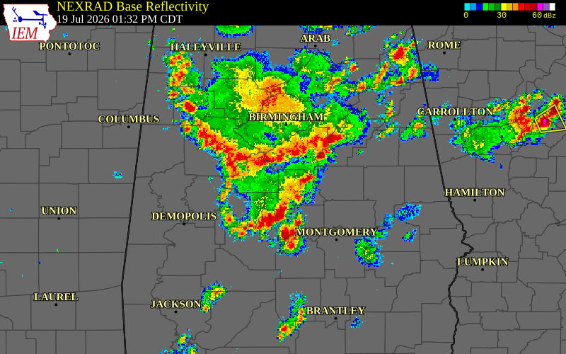 Radar snapshot during the Jul 19, 2026 wind event near Perry County, Perry County, Alabama, with NWS warning polygons
