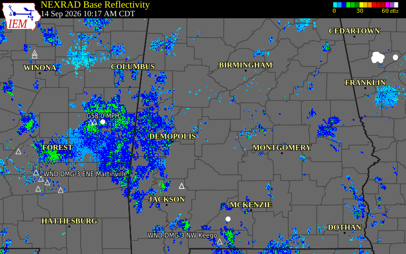 Current NEXRAD radar over Perry County, Alabama with recent storm report locations