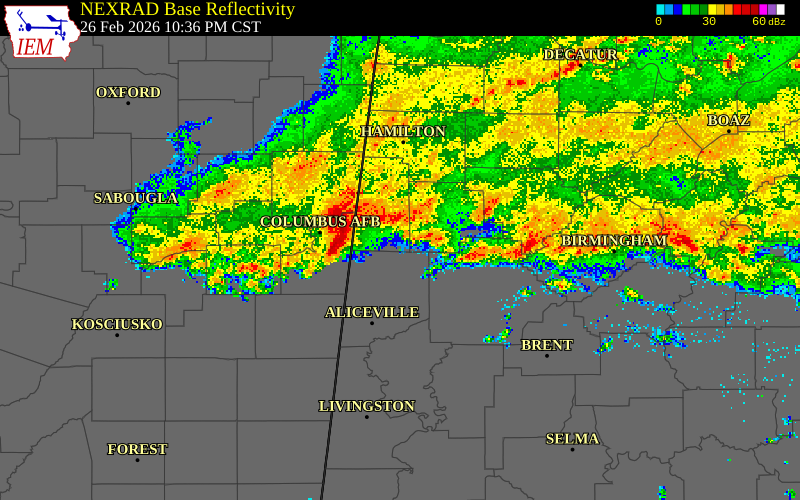 NEXRAD radar during the Thursday, February 26, 2026 storm activity in Pickens County, Alabama
