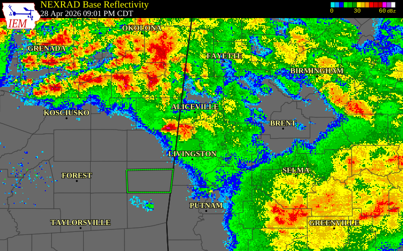 NEXRAD radar during the Tuesday, April 28, 2026 storm activity in Pickens County, Alabama