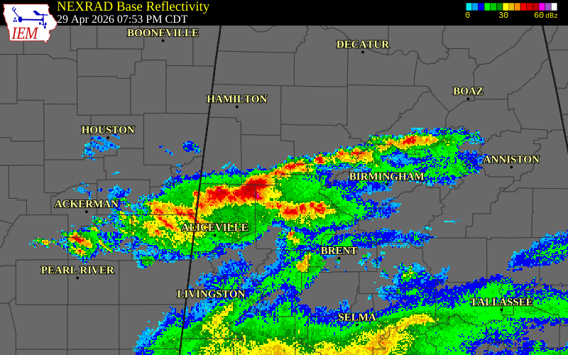 NEXRAD radar during the Wednesday, April 29, 2026 storm activity in Pickens County, Alabama
