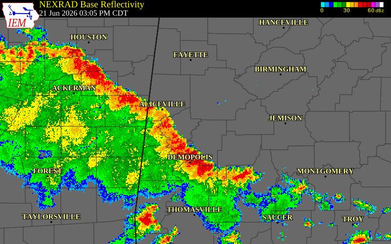 NEXRAD radar during the Sunday, June 21, 2026 storm activity in Pickens County, Alabama
