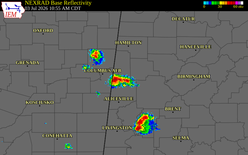 NEXRAD radar during the Friday, July 3, 2026 storm activity in Pickens County, Alabama