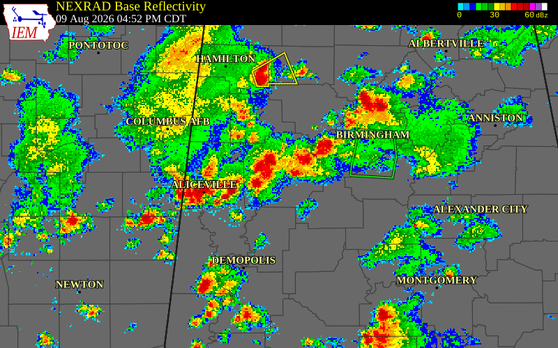 NEXRAD radar during the Sunday, August 9, 2026 storm activity in Pickens County, Alabama