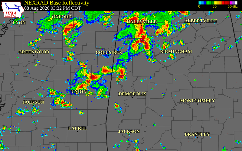 Radar snapshot during the Aug 8, 2026 wind event near Pickens County, Pickens County, Alabama, with NWS warning polygons