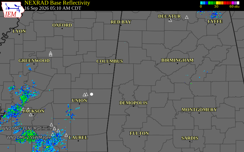 Current NEXRAD radar over Pickens County, Alabama with recent storm report locations