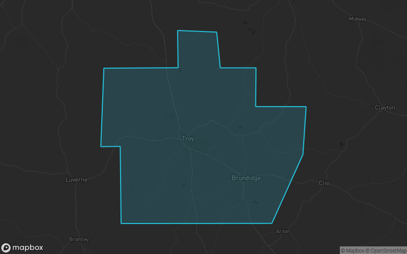 Map of Pike County, Alabama showing the county boundary and surrounding cities