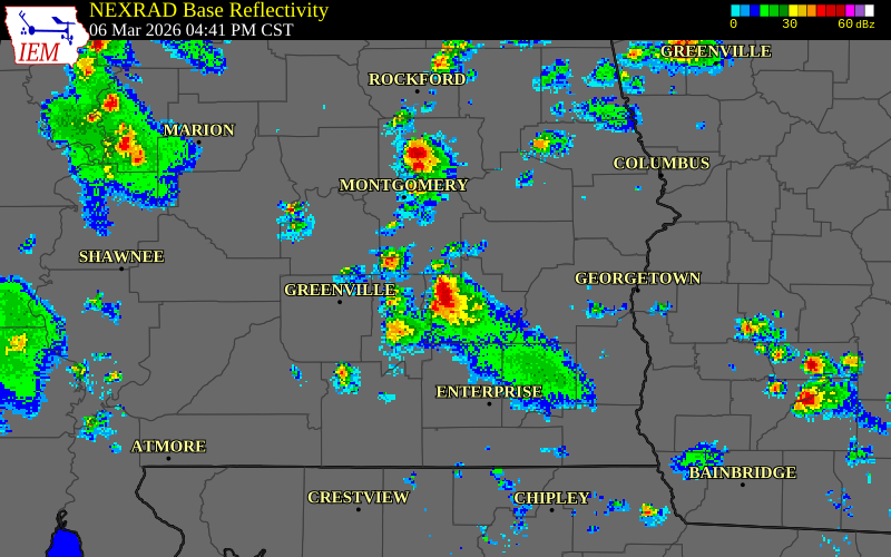 NEXRAD radar during the Friday, March 6, 2026 storm activity in Pike County, Alabama