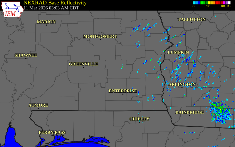 NEXRAD radar during the Wednesday, March 11, 2026 storm activity in Pike County, Alabama