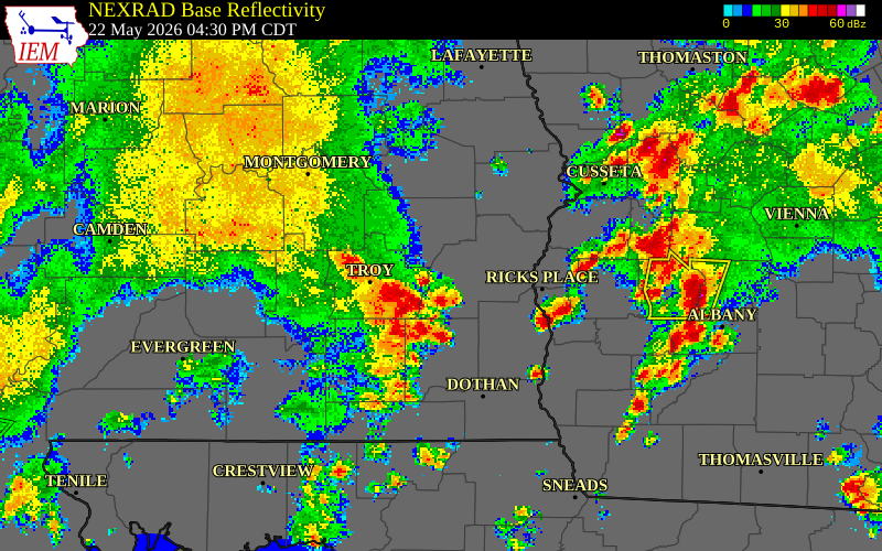 NEXRAD radar during the Friday, May 22, 2026 storm activity in Pike County, Alabama