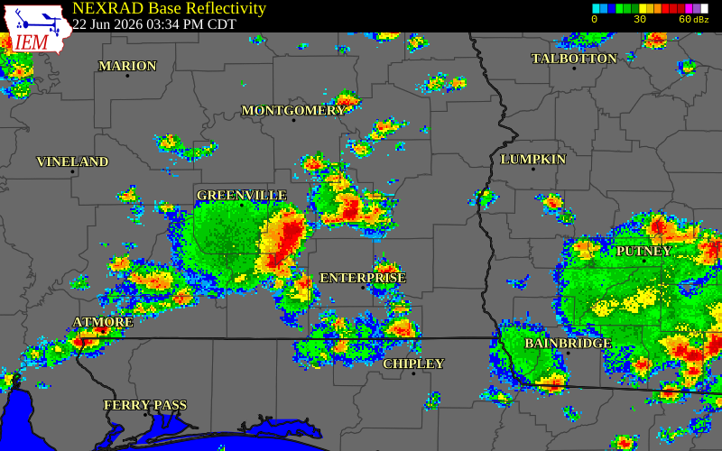 NEXRAD radar during the Monday, June 22, 2026 storm activity in Pike County, Alabama