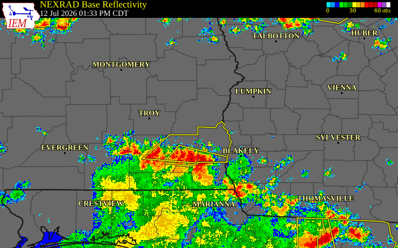 NEXRAD radar during the Sunday, July 12, 2026 storm activity in Pike County, Alabama