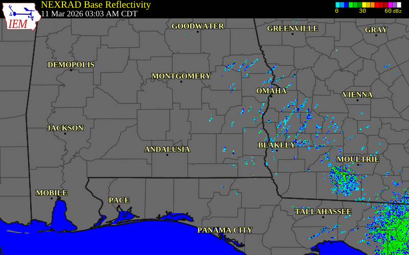 Radar snapshot during the Mar 11, 2026 tornado event near 1 N Springhill, Pike County, Alabama, with NWS warning polygons