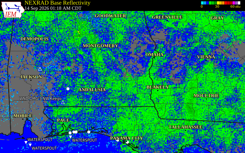 Current NEXRAD radar over Pike County, Alabama with recent storm report locations