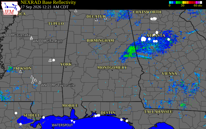 Current NEXRAD radar across Alabama with recent storm report locations