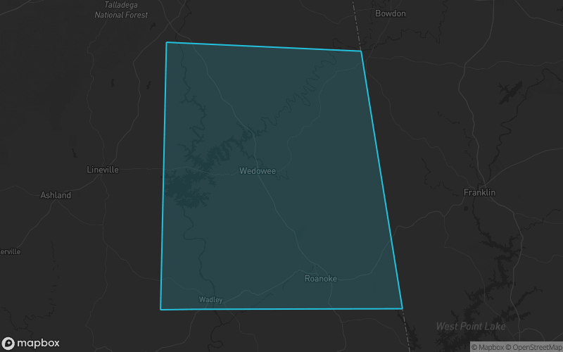 Map of Randolph County, Alabama showing the county boundary and surrounding cities