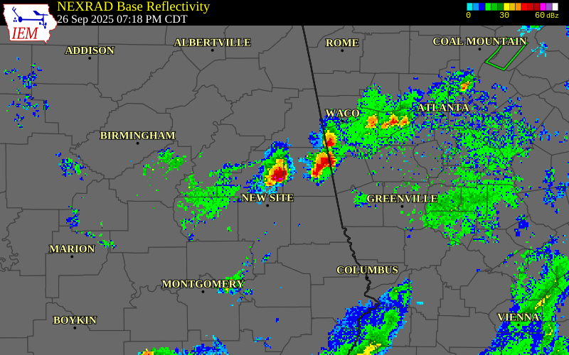 NEXRAD radar during the Friday, September 26, 2025 storm activity in Randolph County, Alabama