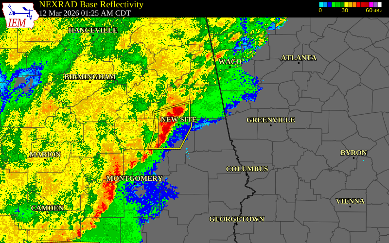 NEXRAD radar during the Thursday, March 12, 2026 storm activity in Randolph County, Alabama
