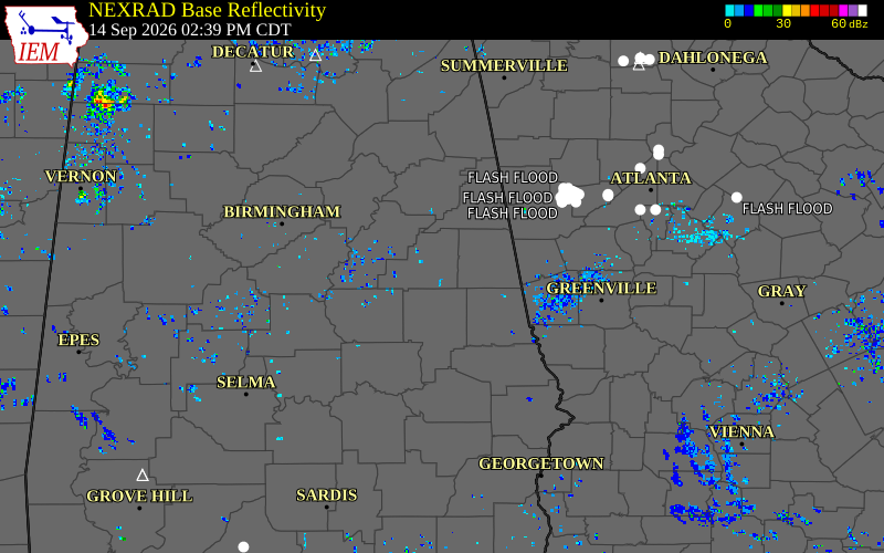 Current NEXRAD radar over Randolph County, Alabama with recent storm report locations