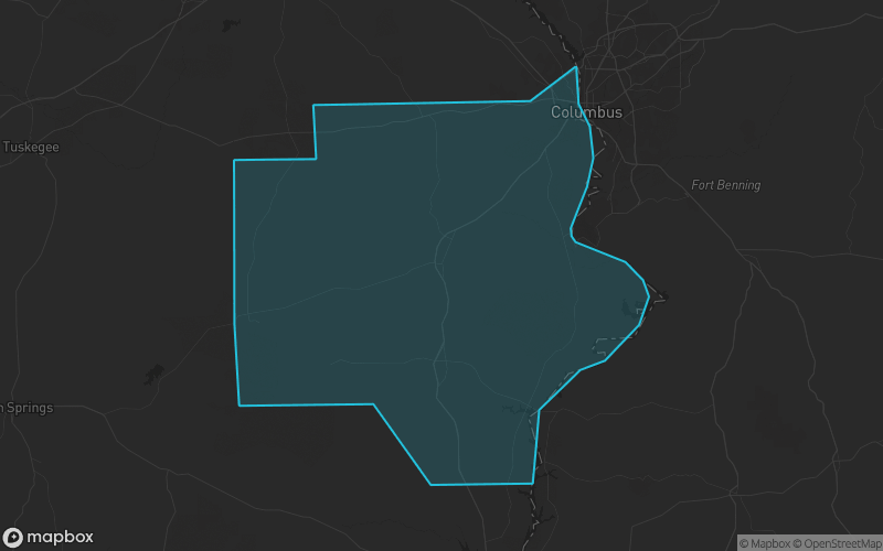 Map of Russell County, Alabama showing the county boundary and surrounding cities