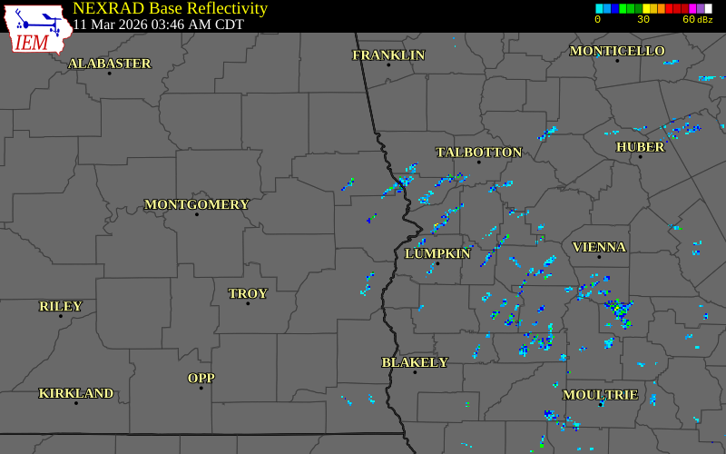 NEXRAD radar during the Wednesday, March 11, 2026 storm activity in Russell County, Alabama