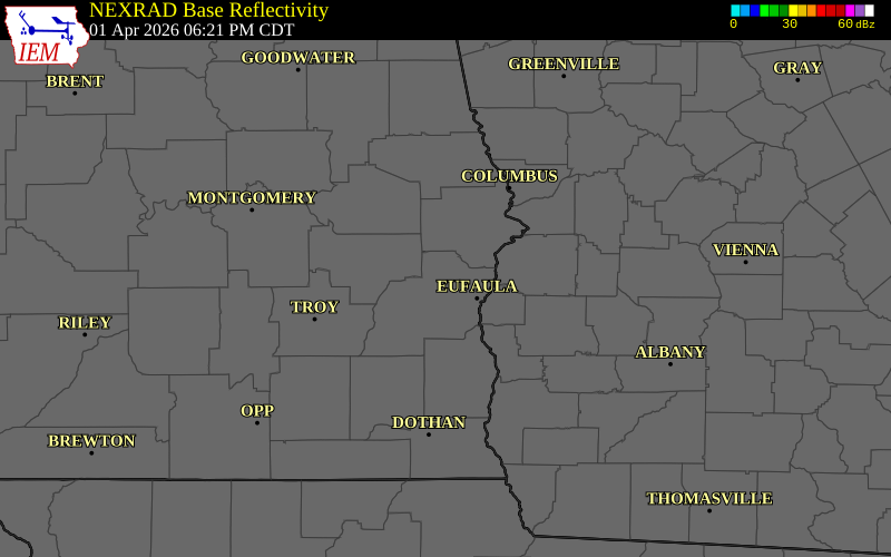 NEXRAD radar during the Wednesday, April 1, 2026 storm activity in Russell County, Alabama