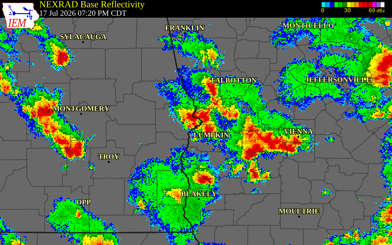 NEXRAD radar during the Friday, July 17, 2026 storm activity in Russell County, Alabama