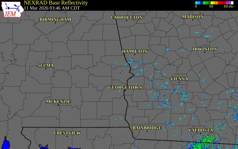 Radar snapshot during the Mar 11, 2026 tornado event near 1 NE Hatchechubbe, Russell County, Alabama, with NWS warning polygons