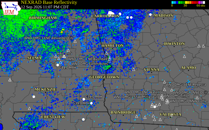 Current NEXRAD radar over Russell County, Alabama with recent storm report locations