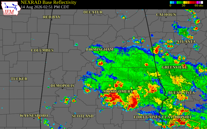 Radar snapshot during the Aug 14, 2026 wind event near Shelby County, Shelby County, Alabama, with NWS warning polygons