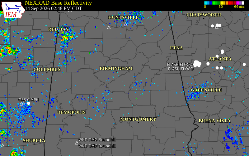 Current NEXRAD radar over Shelby County, Alabama with recent storm report locations