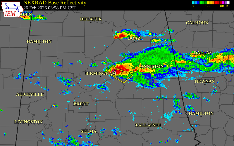 NEXRAD radar during the Thursday, February 26, 2026 storm activity in St. Clair County, Alabama
