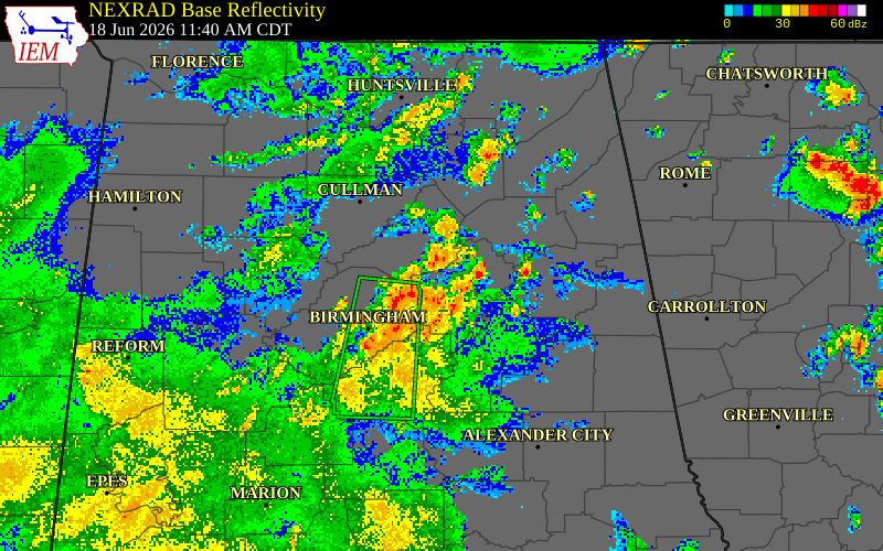 NEXRAD radar during the Thursday, June 18, 2026 storm activity in St. Clair County, Alabama