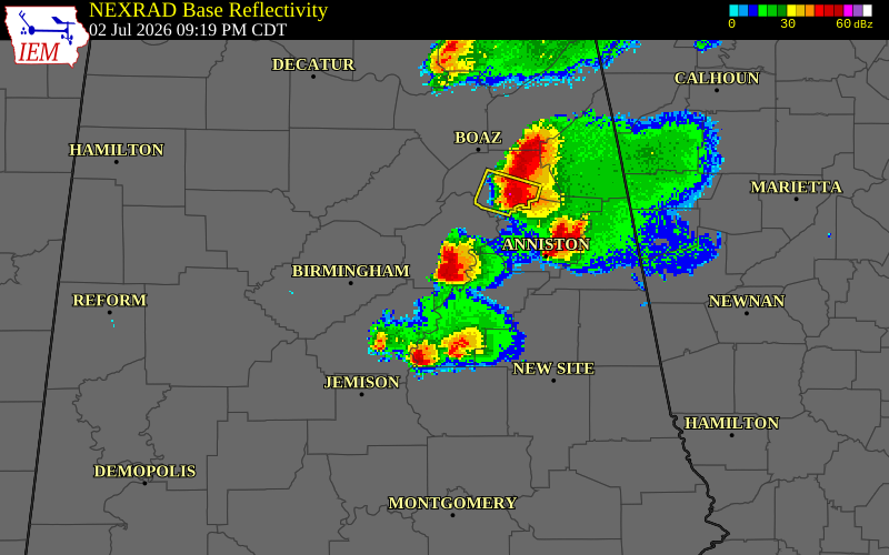 NEXRAD radar during the Thursday, July 2, 2026 storm activity in St. Clair County, Alabama